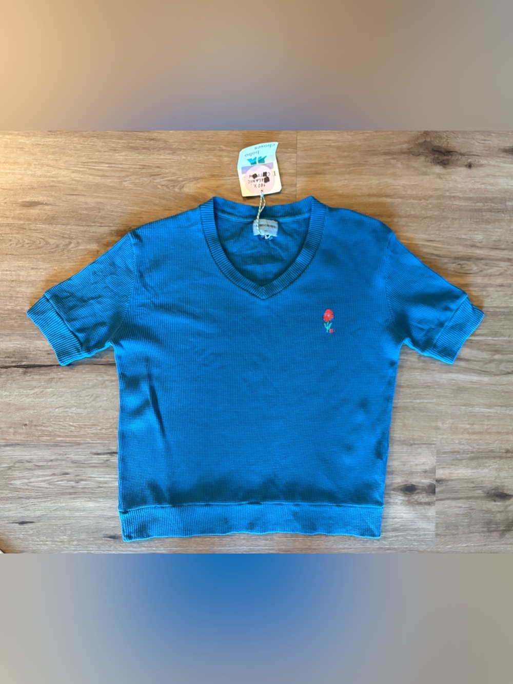 Bobo Choses Blue Waffle Knit Short Sleeve Sweater with Flower Embroidery